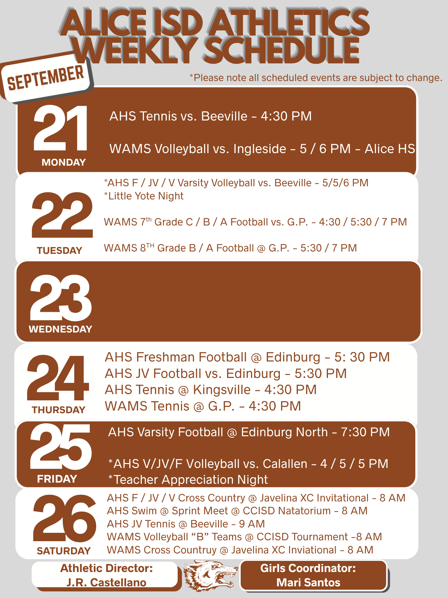 Alice ISD Athletics Schedule Sept. 21st - Sept. 25th